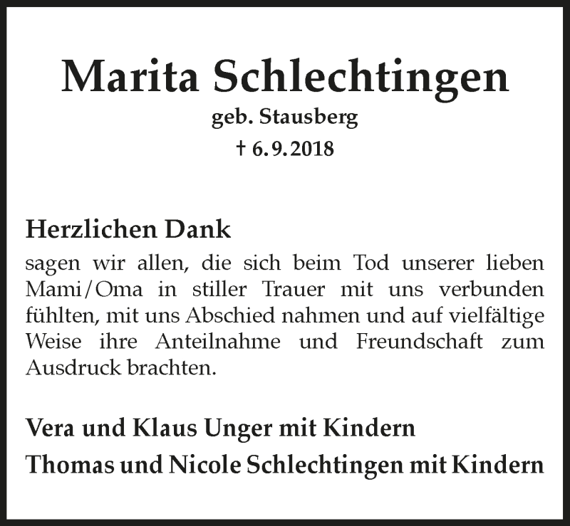  Traueranzeige für Marita Schlechtingen vom 10.10.2018 aus  Lokalanzeiger 