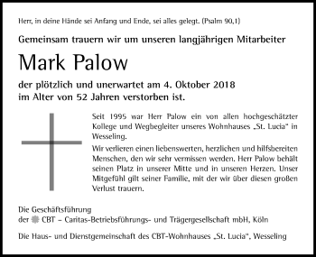 Anzeige von Mark Palow von Kölner Stadt-Anzeiger / Kölnische Rundschau / Express
