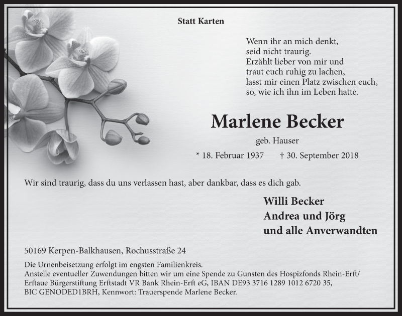  Traueranzeige für Marlene Becker vom 10.10.2018 aus  Werbepost 