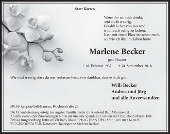 Anzeige von Marlene Becker von  Sonntags-Post 