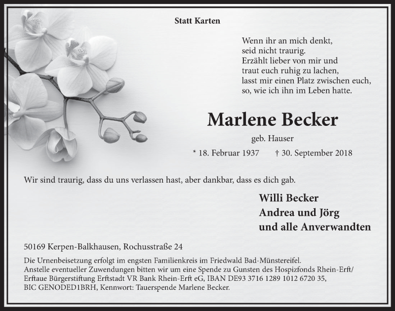  Traueranzeige für Marlene Becker vom 06.10.2018 aus  Sonntags-Post 