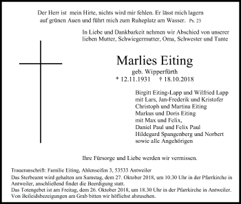 Anzeige von Marlies Eiting von Kölner Stadt-Anzeiger / Kölnische Rundschau / Express