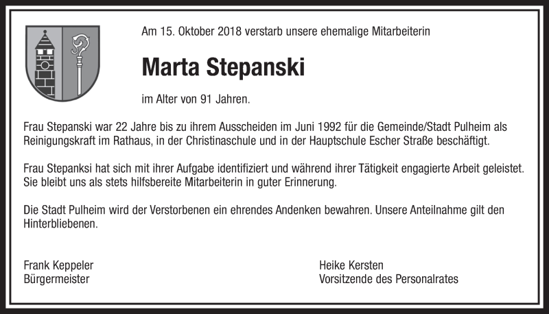  Traueranzeige für Marta Stepanski vom 27.10.2018 aus  Sonntags-Post 