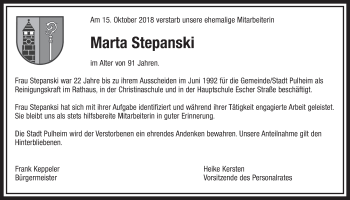 Anzeige von Marta Stepanski von  Sonntags-Post 