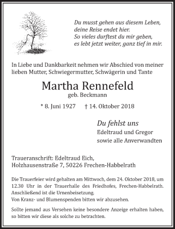 Anzeige von Martha Rennefeld von  Sonntags-Post 