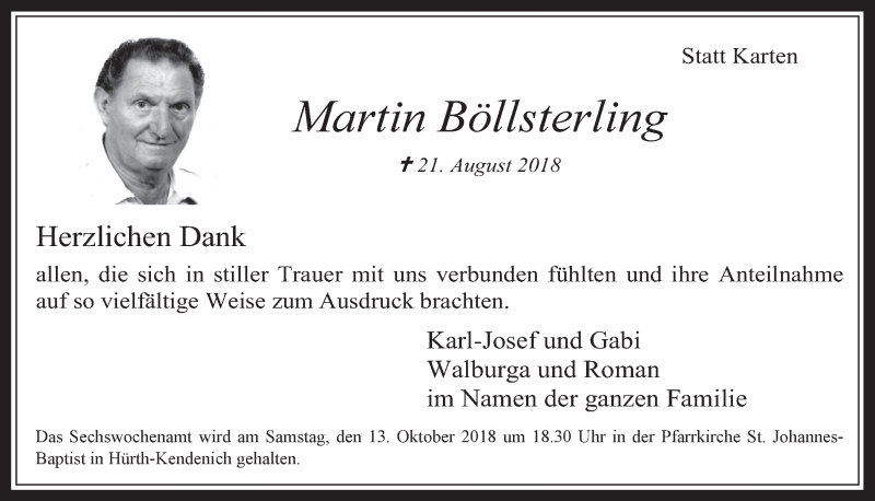  Traueranzeige für Martin Böllsterling vom 03.10.2018 aus  Wochenende 
