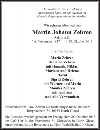 Anzeige von Martin Johann Zehren von  Wochenende 