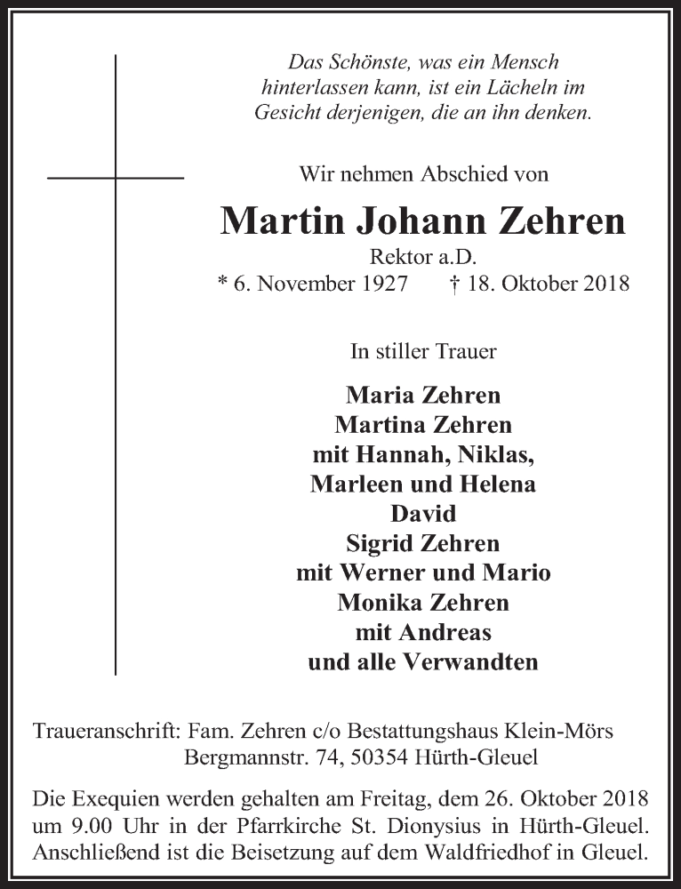  Traueranzeige für Martin Johann Zehren vom 24.10.2018 aus  Wochenende 