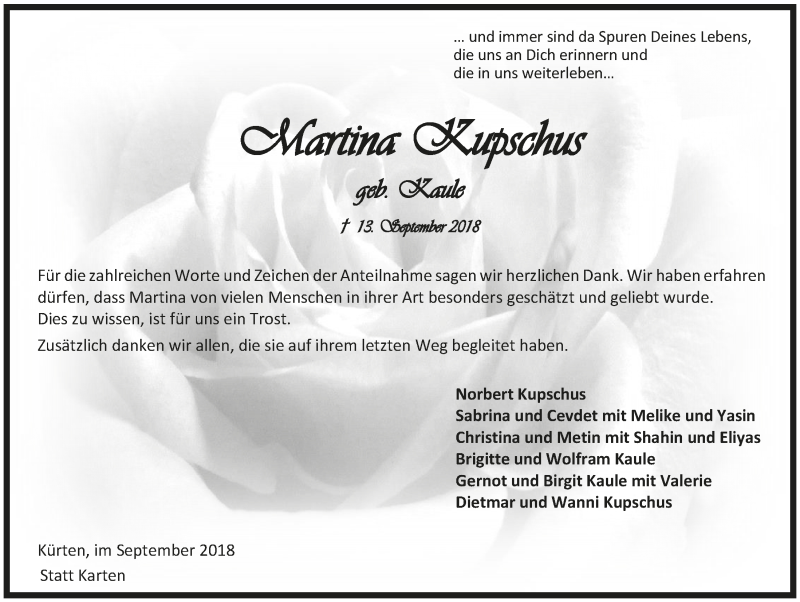  Traueranzeige für Martina Kupschus vom 03.10.2018 aus  Bergisches Handelsblatt 