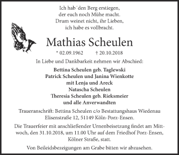 Anzeige von Mathias Scheulen von  Kölner Wochenspiegel 