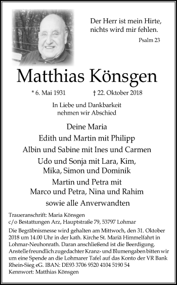 Anzeige von Matthias Könsgen von Kölner Stadt-Anzeiger / Kölnische Rundschau / Express
