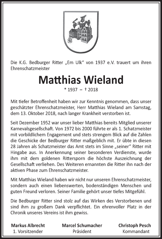  Traueranzeige für Matthias Wieland vom 27.10.2018 aus  Sonntags-Post 