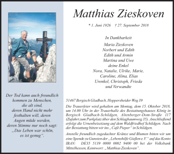 Anzeige von Matthias Zieskoven von Kölner Stadt-Anzeiger / Kölnische Rundschau / Express