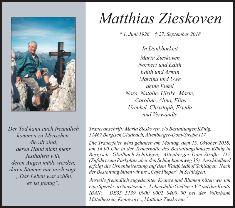  Traueranzeige für Matthias Zieskoven vom 13.10.2018 aus Kölner Stadt-Anzeiger / Kölnische Rundschau / Express