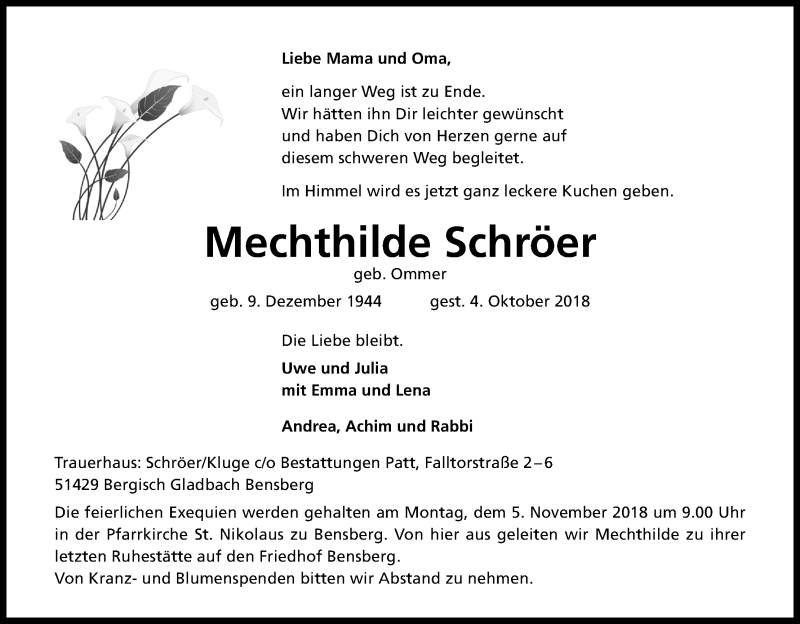  Traueranzeige für Mechthilde Schröer vom 27.10.2018 aus Kölner Stadt-Anzeiger / Kölnische Rundschau / Express