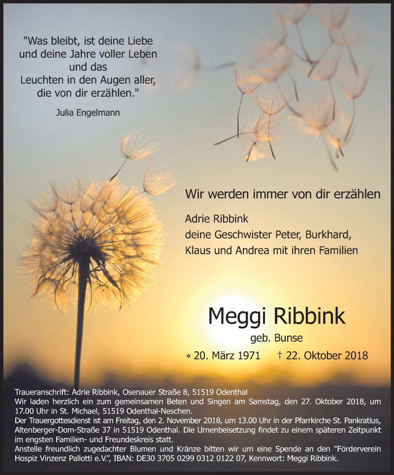  Traueranzeige für Meggi Ribbink vom 27.10.2018 aus Kölner Stadt-Anzeiger / Kölnische Rundschau / Express