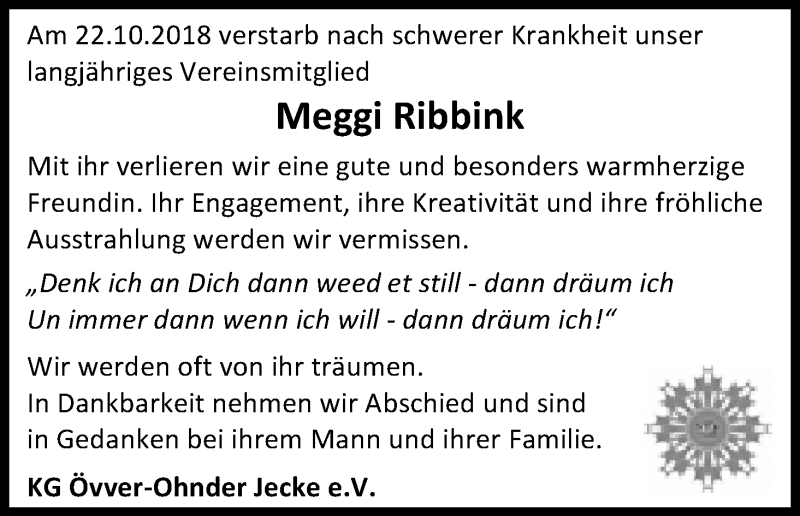  Traueranzeige für Meggi Ribbink vom 27.10.2018 aus Kölner Stadt-Anzeiger / Kölnische Rundschau / Express