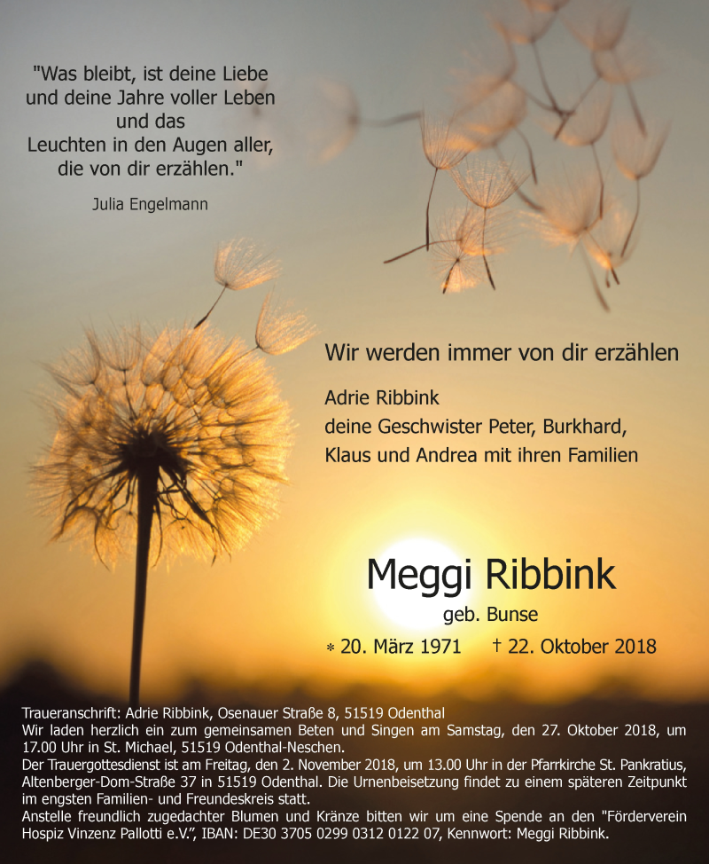  Traueranzeige für Meggi Ribbink vom 27.10.2018 aus  Bergisches Sonntagsblatt 
