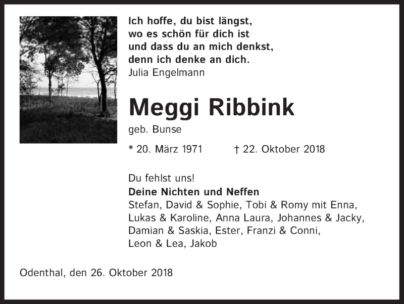  Traueranzeige für Meggi Ribbink vom 27.10.2018 aus Kölner Stadt-Anzeiger / Kölnische Rundschau / Express
