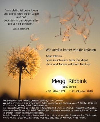 Anzeige von Meggi Ribbink von  Bergisches Sonntagsblatt 