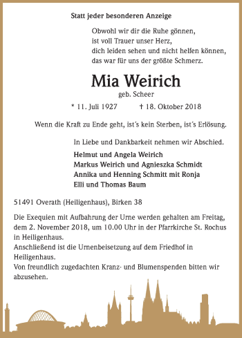 Anzeige von Mia Weirich von Kölner Stadt-Anzeiger / Kölnische Rundschau / Express