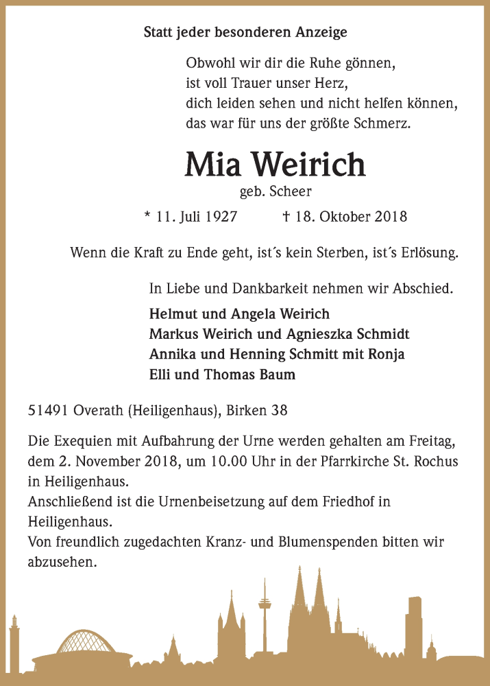  Traueranzeige für Mia Weirich vom 27.10.2018 aus Kölner Stadt-Anzeiger / Kölnische Rundschau / Express