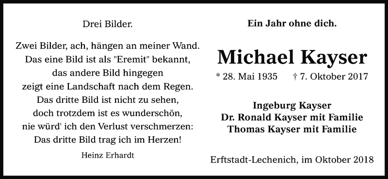  Traueranzeige für Michael Kayser vom 06.10.2018 aus Kölner Stadt-Anzeiger / Kölnische Rundschau / Express