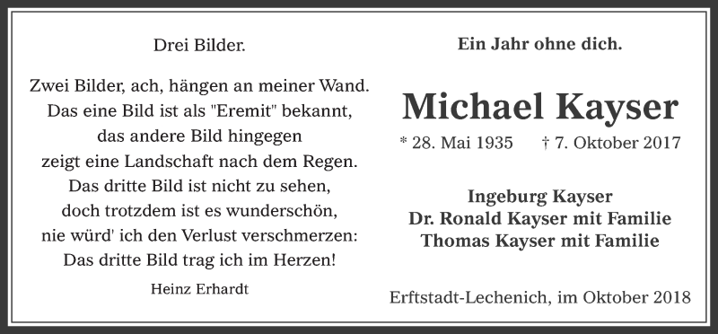  Traueranzeige für Michael Kayser vom 03.10.2018 aus  Werbepost 