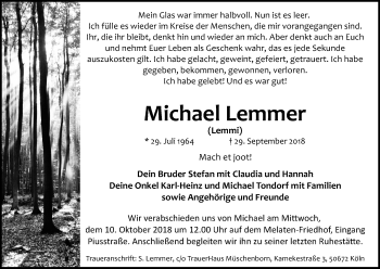 Anzeige von Michael Lemmer von Kölner Stadt-Anzeiger / Kölnische Rundschau / Express