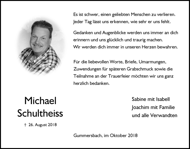  Traueranzeige für Michael Schultheiss vom 17.10.2018 aus  Anzeigen Echo 