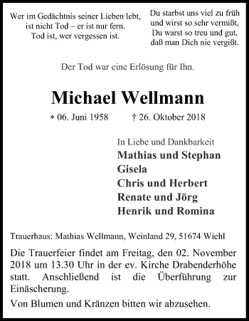 Anzeige von Michael Wellmann von Kölner Stadt-Anzeiger / Kölnische Rundschau / Express