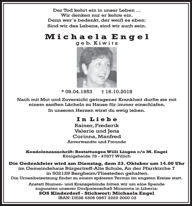  Traueranzeige für Michaela Engel vom 20.10.2018 aus  Sonntags-Post 