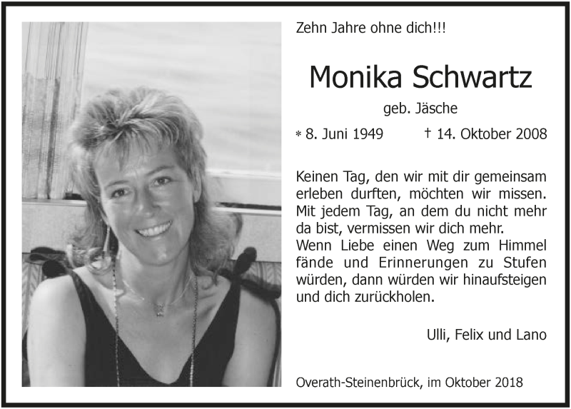  Traueranzeige für Monika Schwartz vom 13.10.2018 aus  Bergisches Sonntagsblatt 