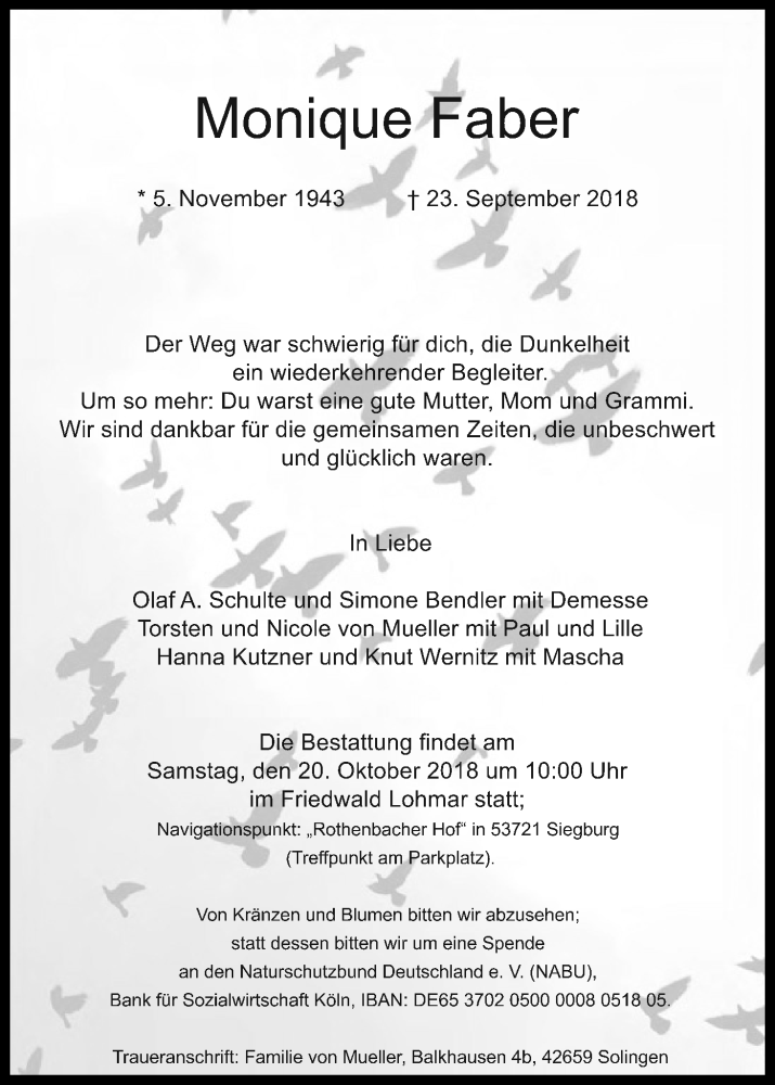  Traueranzeige für Monique Faber vom 06.10.2018 aus Kölner Stadt-Anzeiger / Kölnische Rundschau / Express