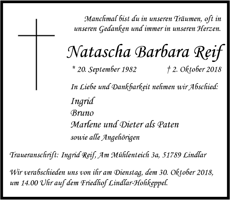  Traueranzeige für Natascha Barbara Reif vom 24.10.2018 aus  Anzeigen Echo 