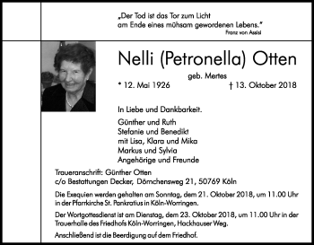 Anzeige von Nelli Otten von Kölner Stadt-Anzeiger / Kölnische Rundschau / Express