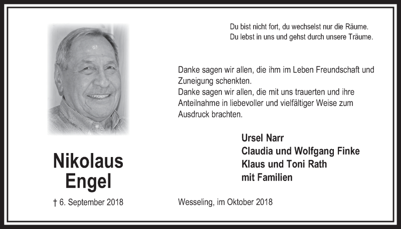  Traueranzeige für Nikolaus Engel vom 31.10.2018 aus  Schlossbote/Werbekurier 
