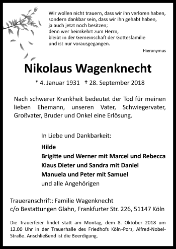 Anzeige von Nikolaus Wagenknecht 