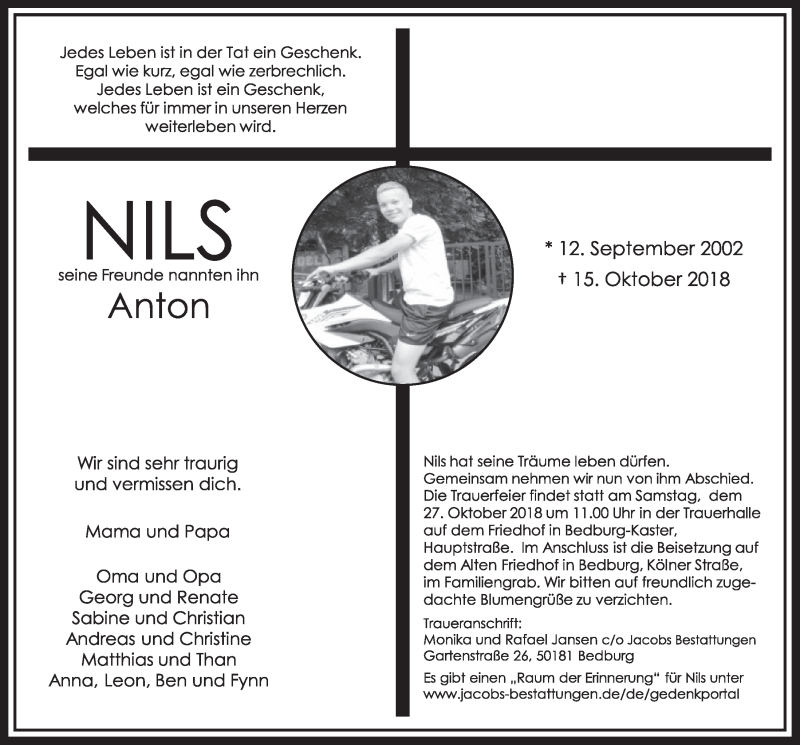  Traueranzeige für Nils  vom 20.10.2018 aus  Sonntags-Post 