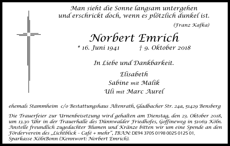  Traueranzeige für Norbert Emrich vom 19.10.2018 aus Kölner Stadt-Anzeiger / Kölnische Rundschau / Express