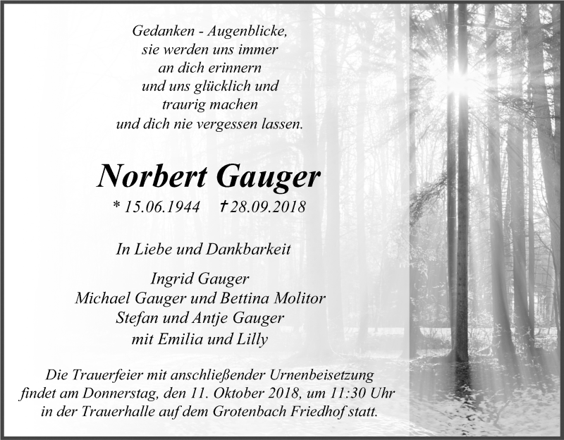  Traueranzeige für Norbert Gauger vom 06.10.2018 aus Kölner Stadt-Anzeiger / Kölnische Rundschau / Express