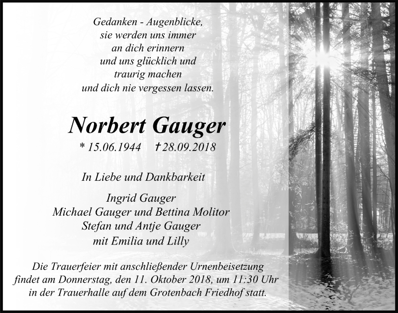  Traueranzeige für Norbert Gauger vom 10.10.2018 aus  Anzeigen Echo 