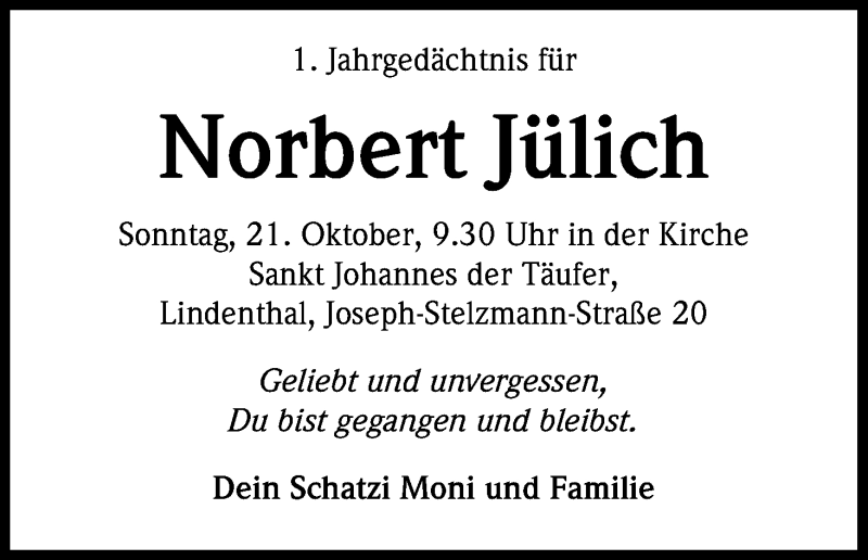  Traueranzeige für Norbert Jülich vom 20.10.2018 aus Kölner Stadt-Anzeiger / Kölnische Rundschau / Express