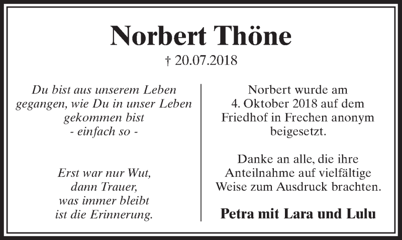  Traueranzeige für Norbert Thöne vom 20.10.2018 aus  Sonntags-Post 