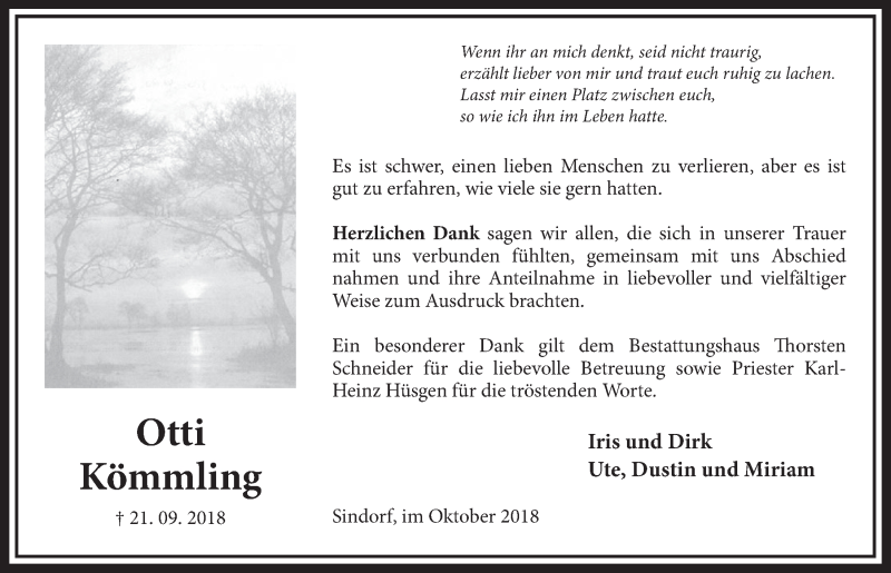  Traueranzeige für Otti Kömmling vom 20.10.2018 aus  Sonntags-Post 