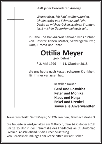 Anzeige von Ottilia Meyer von  Sonntags-Post 