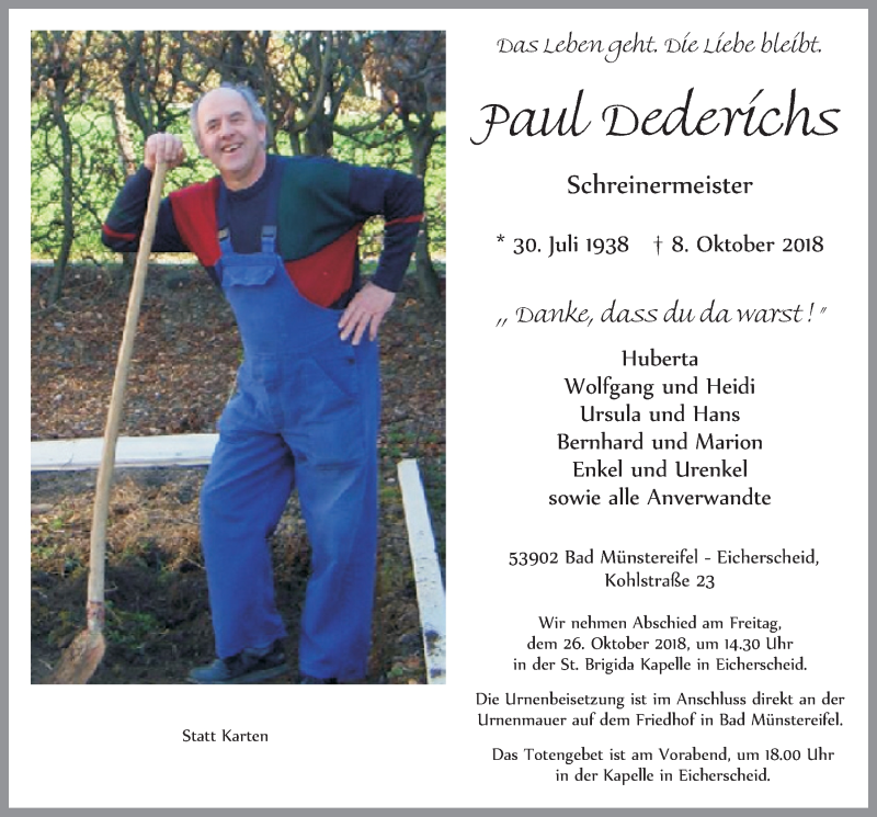  Traueranzeige für Paul Dederichs vom 20.10.2018 aus  Blickpunkt Euskirchen 