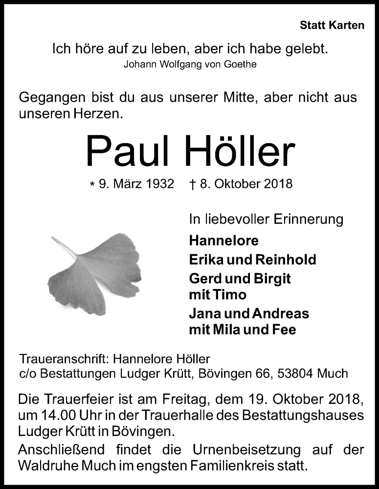  Traueranzeige für Paul Höller vom 13.10.2018 aus Kölner Stadt-Anzeiger / Kölnische Rundschau / Express