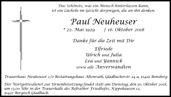 Anzeige von Paul Neuheuser von Kölner Stadt-Anzeiger / Kölnische Rundschau / Express