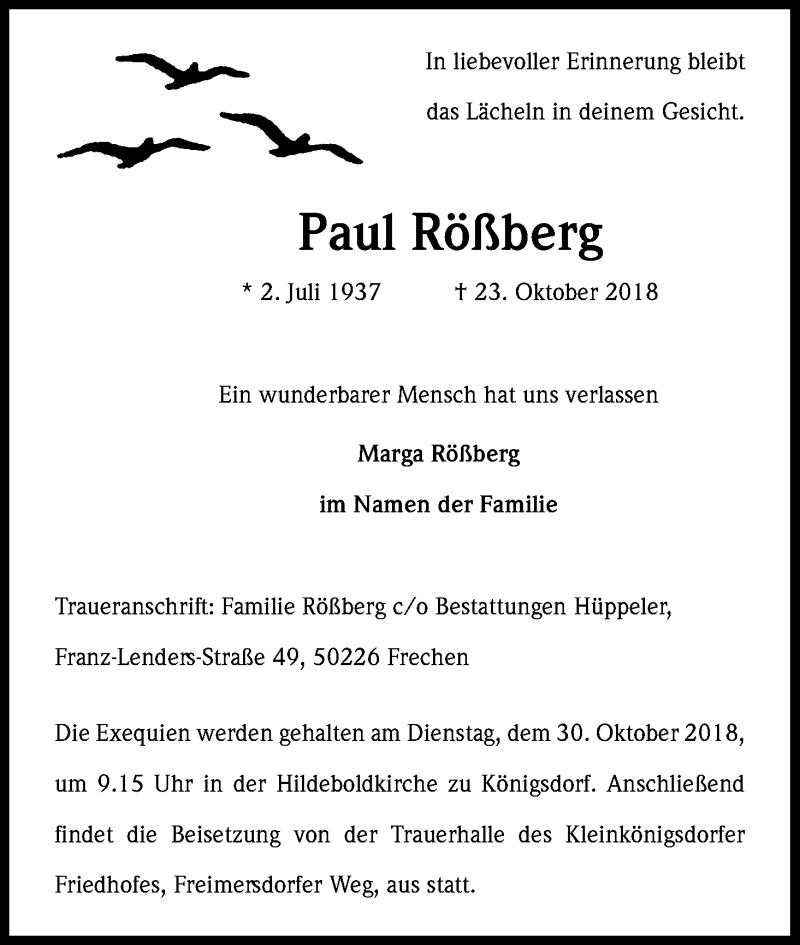  Traueranzeige für Paul Rößberg vom 27.10.2018 aus Kölner Stadt-Anzeiger / Kölnische Rundschau / Express